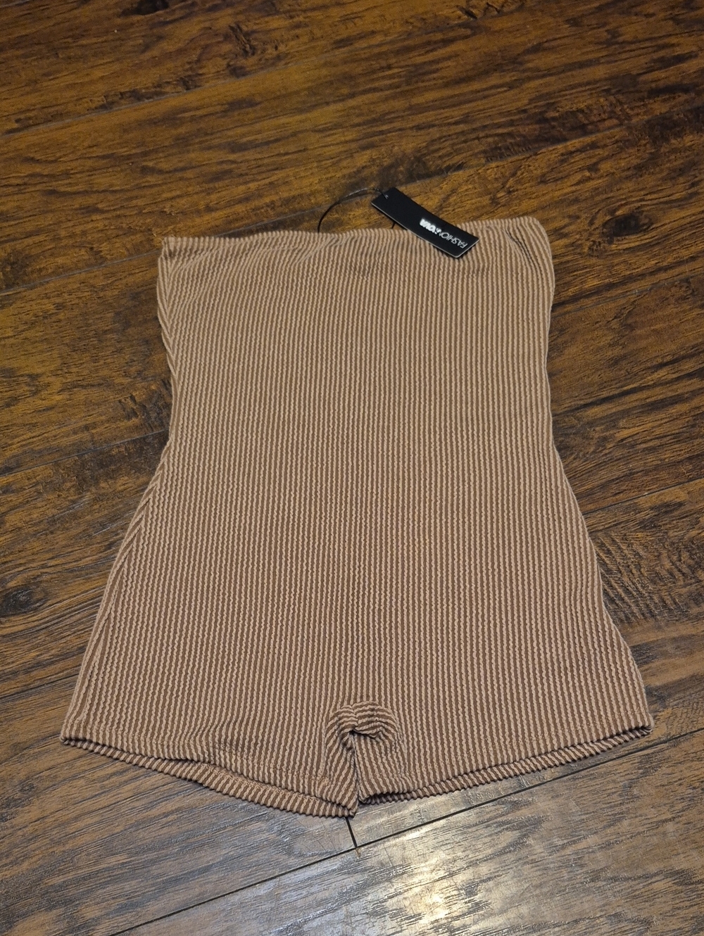Fashion Nova Ribbed Tube Romper in Tan